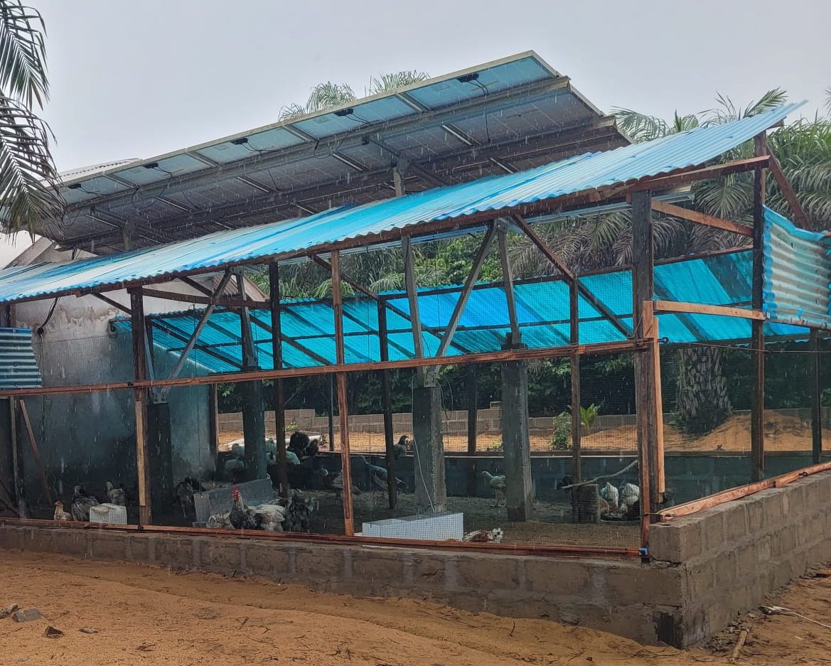 Poultry house with solar panels mounted on the roof